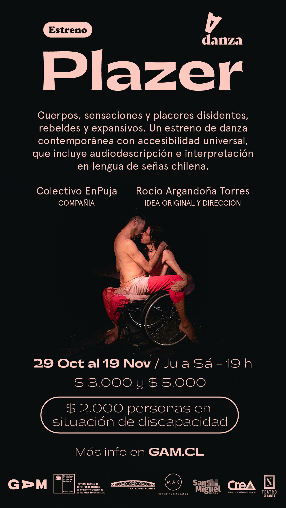 Afiche de estreno de obra de danza "Plazer" en fondo negro, letras rosado claro.  Aparecen 2 cuerpos (Javier y Diego), uno de ellos en silla de ruedas, ambos de pantalones rosados, torso y pies desnudos. Están enfrentados uno sentado arriba de otro